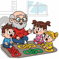 Grandfather Telling Story to Amazed Grandchildren Indoors. Intergenerational Family Bonding and Learning Cartoon Illustration.