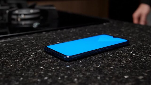 Hand placing a modern smartphone on a textured black countertop with blue screen