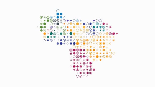 Venezuela animated country shape. Pulsating colored dots on the map of the country. Large size circle blocks. Digital style Venezuela map on white background. Amazing animation video.