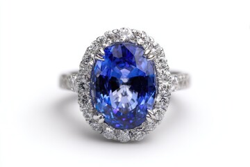 Oval blue gemstone ring surrounded by small clear stones on white background
