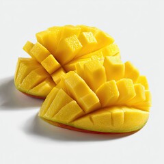 Vibrant yellow diced fruit pieces, artfully presented, on a clean background