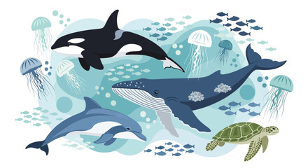 Fototapeta premium Diverse marine life illustration featuring orca, whale, dolphin, turtle, and jellyfish in an underwater scene