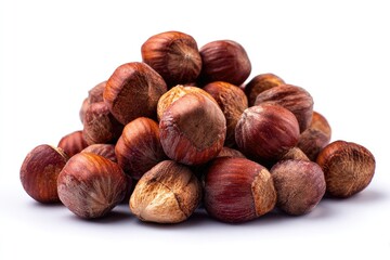 A pile of raw, shelled hazelnuts on a white background