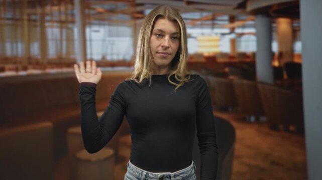 Woman waves right hand in an airport lounge, visible palm raised, wearing black long sleeve top and denim jeans with neutral face; calm greeting.