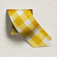 Yellow and white checkered ribbon curls over a textured, light-colored surface