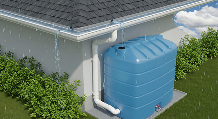 Rainwater harvesting system featuring a metal gutter channeling roof runoff into a large storage tank for sustainable resource conservation and eco friendly water management practices.