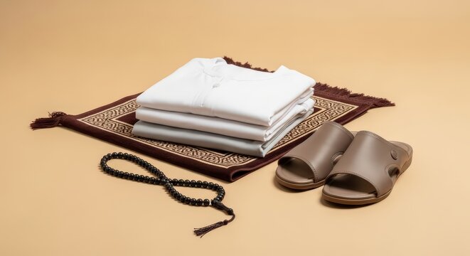 Islamic prayer items including a white folded thobe, prayer mat, tasbih, and brown sandals on a neutral beige background, representing Muslim lifestyle.