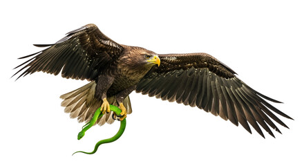 Obraz premium Predatory eagle flying with wide spread wings while gripping a green snake, realistic detail capturing power, tension, and natural hunting instinct in wildlife action.