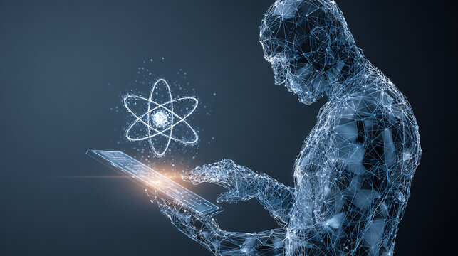Abstract low poly wireframe man holding a tablet displaying AI chip and floating nuclear atom hologram, futuristic technology innovation concept