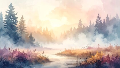 Fototapeta premium Watercolor depiction of a misty forest, sunlight breaking through clouds, illuminating the water