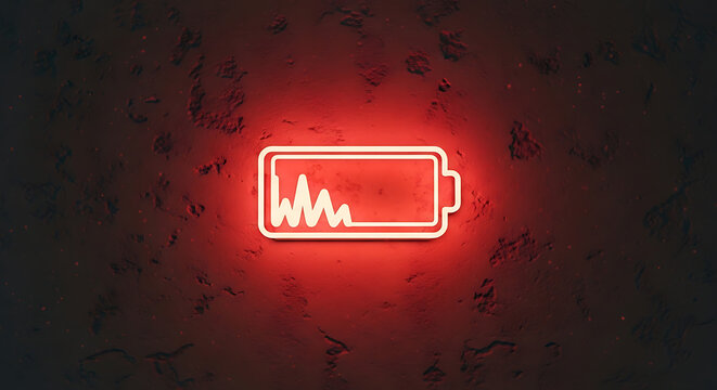 Luminous neon low battery indicator mounted on a charcoal wall representing mental burnout, decision fatigue, and depleting personal energy management in a modern conceptual setting.