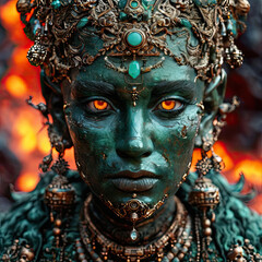 Obraz premium The hero of the gameshooter. Portrait of an emerald demon, on a fiery background. The underworld.
