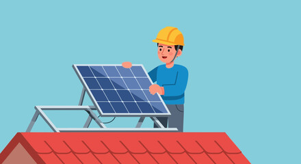 Illustrative image of a worker installing a solar panel on a rooftop, symbolizing renewable energy solutions.