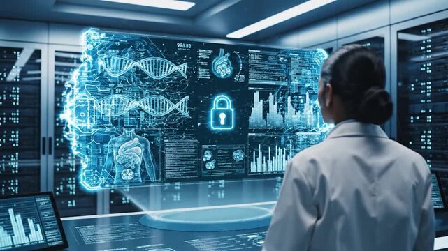 Female scientist interacts with a holographic display showing genetic data
