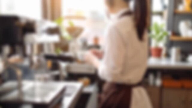 ぼかし背景素材: カフェの業務用マシンでコーヒーをカップに注ぐ若い女性バリスタの店員