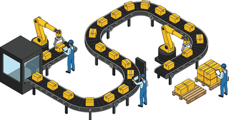 Automated factory assembly line illustration with conveyor belts, robotic arms, workers packaging boxes for logistics, manufacturing, warehouse distribution, industrial automation and production 