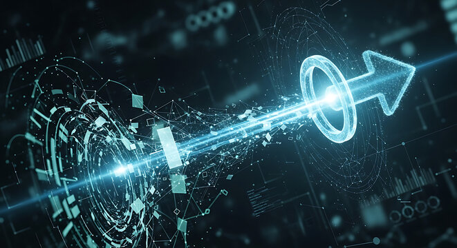 Futuristic glowing digital arrow hitting circular target ring with light trail particles illustrating cyber process automation network data integration and information flow technology.