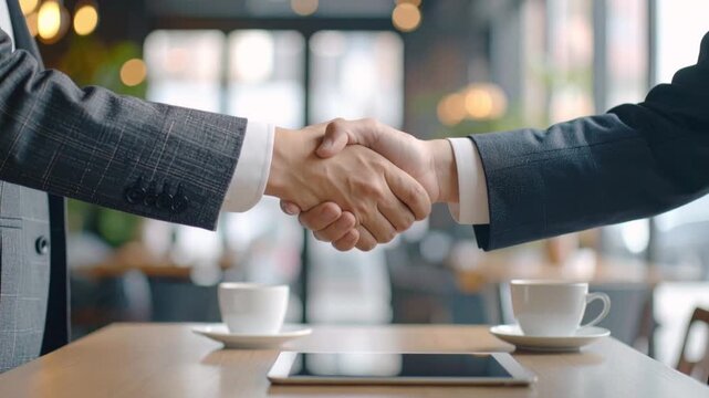 カフェで堅い握手を交わすスーツ姿の男性の手元　ビジネス、商談、契約イメージ