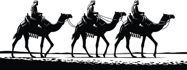 Black silhouette vector illustration of three Bedouin men riding camels in desert caravan, isolated on white background, Middle Eastern travel and tourism concept. © Samol