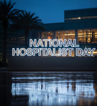 National Hospitalist Day Glowing Neon Sign at Modern Hospital Building at Night with Wet Pavement Reflection
