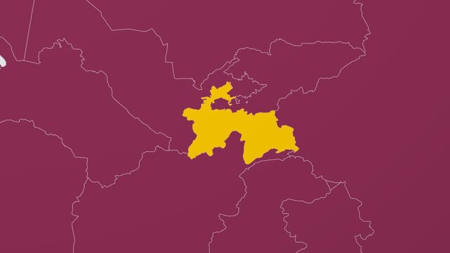 Tajikistan map. Animated zoom into the country on the Globe in Pale Mint Dark Pink color palette. Country logo animation with round text and airplanes. Map with meridians, parallels. Artistic video.