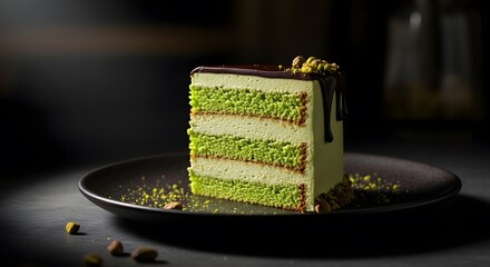 A slice of layered pistachio cake on a dark plate surrounded by crumbs and pistachio pieces in a dimly lit environment
