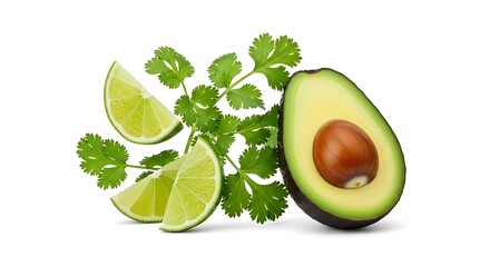 Perfectly segmented healthy lime wedges and ripe avocado half isolated.