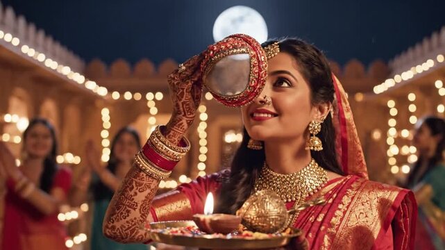 Indian Woman Celebrating Karwa Chauth Festival with Puja Thali