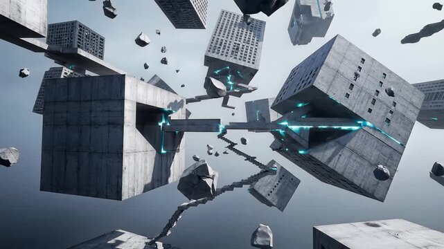 Futuristic Metaverse City with Floating Concrete Blocks and Data Connections