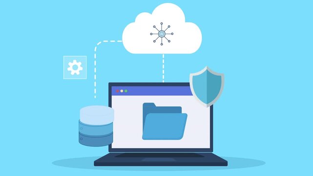 Flat vector animation showing cloud loading and secure data backup with laptop, server storage, network connection, and cybersecurity protection concept.
