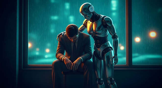Supportive humanoid robot comforting a depressed businessman by a window on a rainy night in a futuristic city.