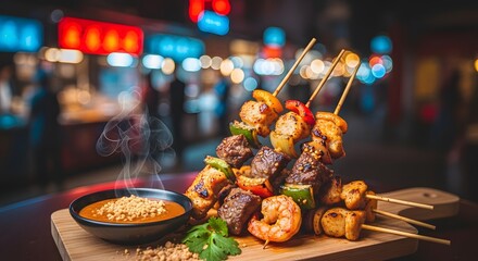 Sizzling skewers of marinated meat and seafood served with steaming dipping sauce on a wooden board at a vibrant night market stall