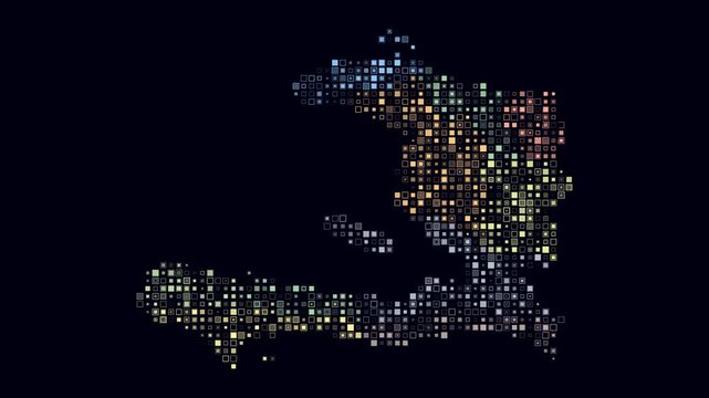 Haiti map animation. Shape of the country with pulsating colored dots. Small size square blocks. Digital style Haiti map on dark background. Beautiful video.