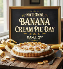 National Banana Cream Pie Day celebration with homemade dessert on rustic wooden table, March 2nd chalkboard sign, and fresh fruit.