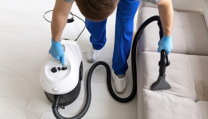 Man Cleaning Sofa with Vacuum Cleaner