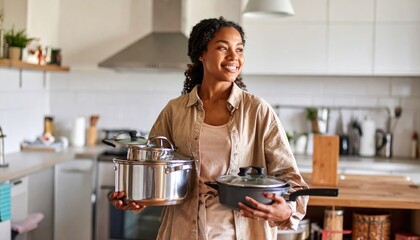 Woman holding pots and pans kitchen.