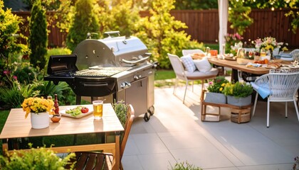 Outdoor patio with grill and furniture.