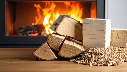 Firewood, Briquettes, and Pellets by a Fireplace