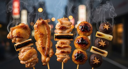 Assorted skewers of grilled chicken and mushrooms with spices on sticks, street food scene at dusk with blurred lights and smoke rising