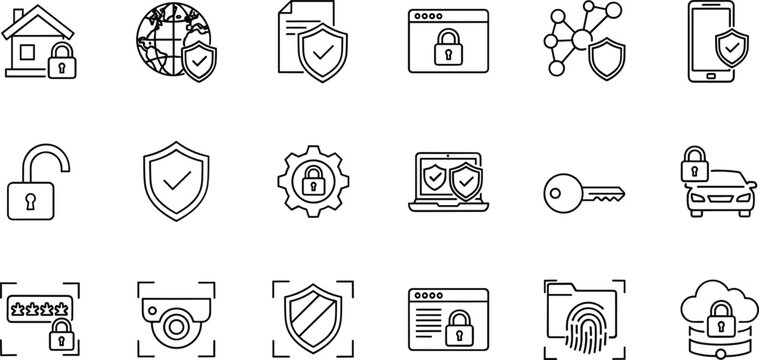 Cyber security and data protection icon set with locks shields privacy access control and digital safety symbols in clean outline vector style