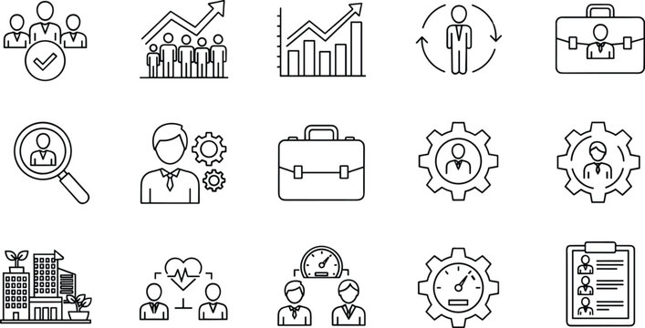 Human resources and business management icon set with recruitment performance growth analytics and workforce development symbols in clean outline vector style
