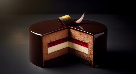 A luxurious chocolate cake with layered interior, cut open to reveal creamy texture, against a dark background.