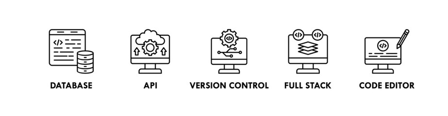 Coding and Programming banner web icon illustration concept with icon of database, api, version control, full stack, code editor © Zaiva Maysha