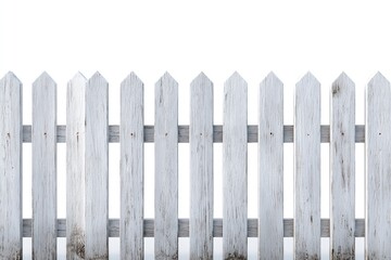 Weathered white picket fence against a bright white background