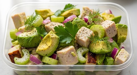Freshly prepared tofu salad with avocado, herbs, and vegetables in a clear container viewed from above