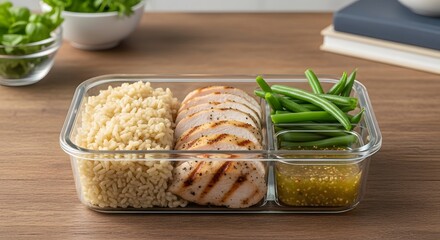 Healthy meal preparation with grilled salmon, quinoa, and green beans in a glass container on a wooden table