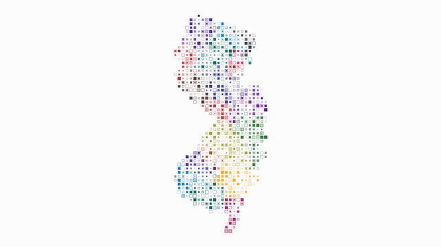 New Jersey animated shape. Pulsating colored dots on the map of the state. Small size square blocks. Digital style New Jersey map on white background. Artistic animation video.