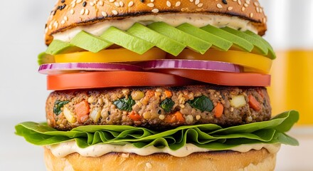 A close-up view of a layered vegetarian burger with avocado, tomato, and lettuce on a sesame seed bun