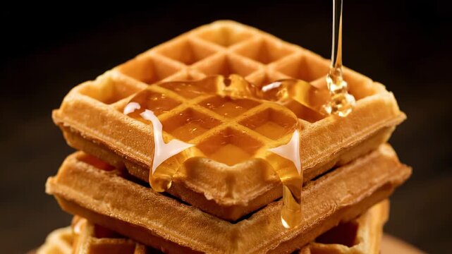 Golden syrup being poured onto a stack of crispy waffles from above, showcasing a delicious breakfast scene