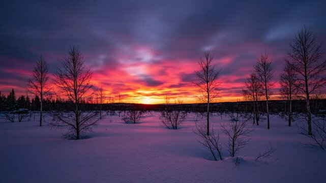 Mesmerizing time-lapse of a colorful sunset over a snowy winter landscape with leafless trees